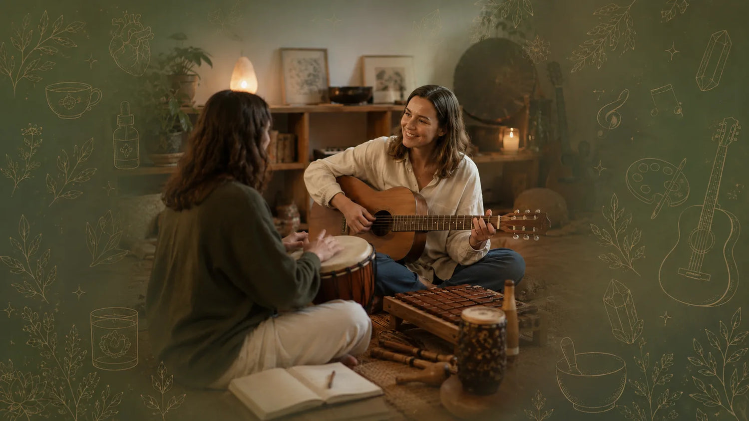 Two people practising holistic music therapy together with an acoustic guitar, hand drum and small percussion instruments