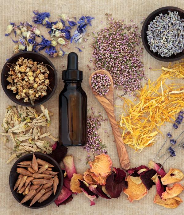 Natural therapy utensils, vial, herbs, and flowers