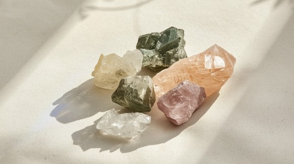 A cluster of raw healing crystals including clear quartz, citrine and green stones arranged on a white surface in natural light
