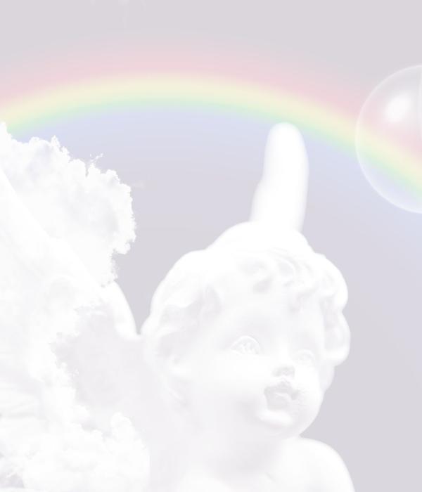 Bright image of a human or angel form emerging from clouds with rainbow background